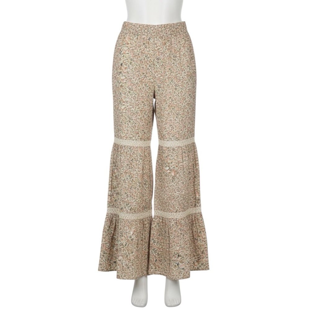 NWT BOHO FLORAL TIERED PALAZZO PANTS ELASTIC WAIST WITH POCKETS SIZE MEDIUM